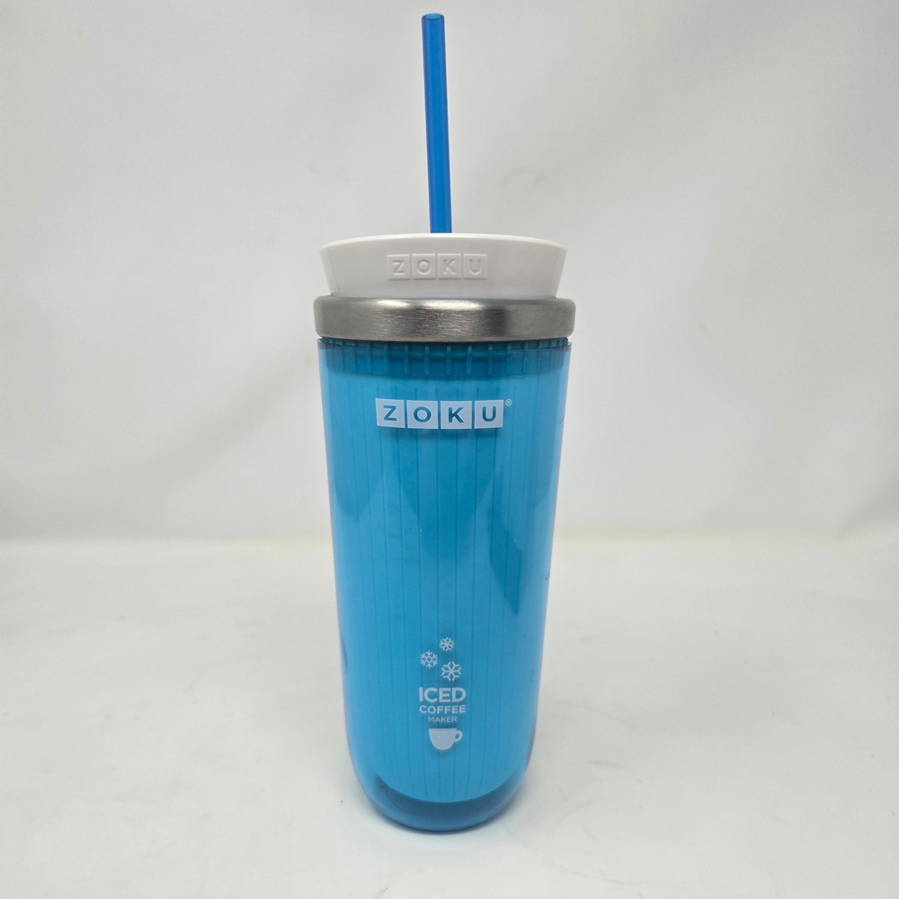 Zoku Iced Coffee Maker Travel Mug Blue White Stainless Steel Core with Straw‎